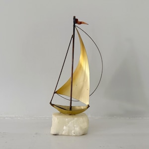 Vintage John DeMott Sailboat Sculpture – Mid Century Modern Brass & Copper Art on Stone Base – Nautical Decor