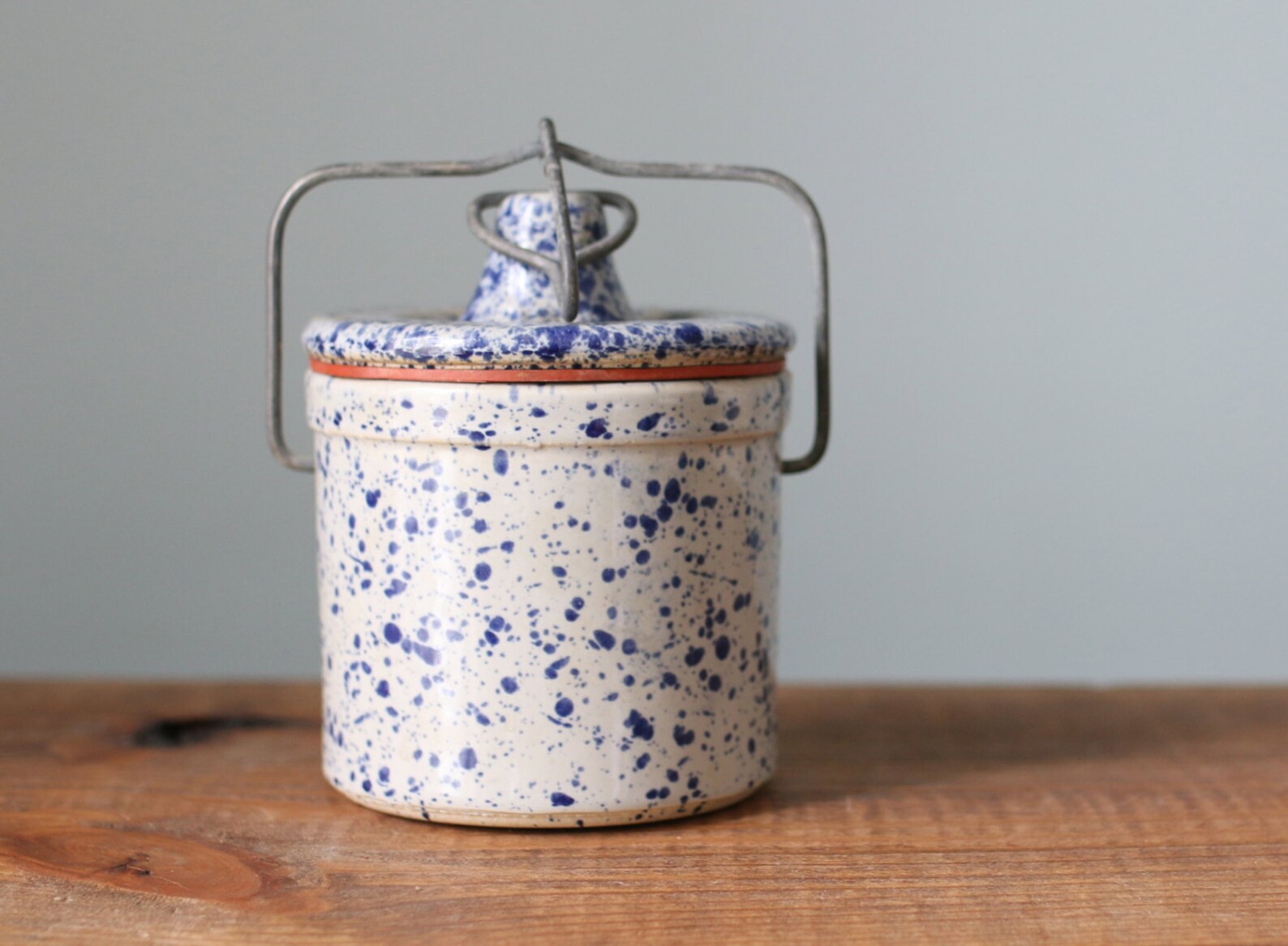 Vintage Blue Speckled Ceramic Stoneware Crock Jar With Wire Etsy