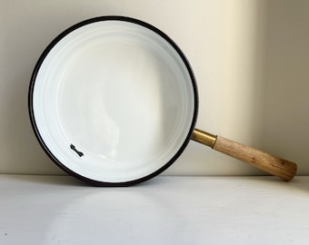 Vintage Enameled Brown and White Frying Pan with Wooden Handle Made in Italy