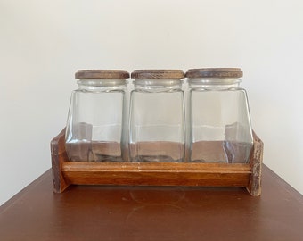 Set of 3 Shell Gas Station Storage Jars with Wooden Stand