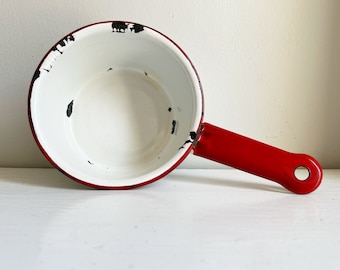 Vintage Enameled Small "Chippy" Red and White Metal Sauce Pan