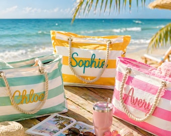 Sac fourre-tout de plage personnalisé avec fermeture à glissière, grand sac de piscine en toile, fourre-tout à rayures brodées, sac de voyage pour filles, cadeau de enterrement de vie de jeune fille