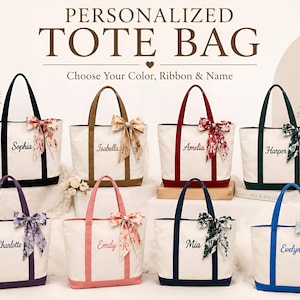 May include: Eight canvas tote bags with coloured handles and bases, each featuring a personalised name and a matching patterned ribbon tied to one handle. The text reads PERSONALIZED TOTE BAG and Choose Your Color, Ribbon & Name.