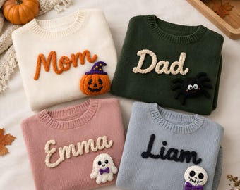 Pull d'Halloween personnalisé, pulls assortis pour toute la famille, pull tricoté avec nom personnalisé, pulls assortis maman et moi, pulls assortis papa et moi, tenue d'Halloween pour toute la famille