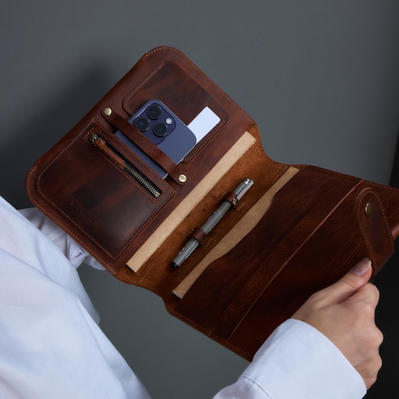 Handmade A5 Leather Portfolio – Personalized Journal Cover with Card Slots