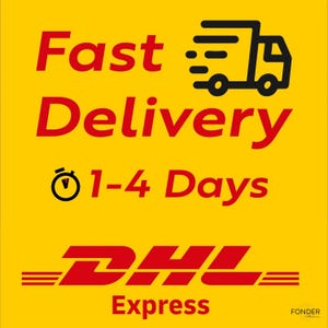 May include: Yellow background with red text that reads "Fast Delivery" and "1-4 Days". A black truck graphic is on the right. The DHL Express logo is at the bottom in red.