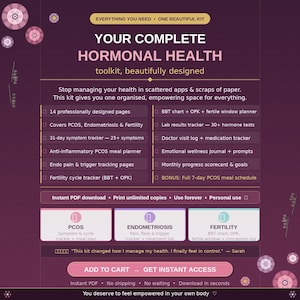 Puede incluir: Un kit de herramientas digital para la salud hormonal, bellamente dise&ntilde;ado. La imagen presenta un dise&ntilde;o rosa y morado con texto que detalla caracter&iacute;sticas como rastreadores de s&iacute;ntomas, planes de comidas y gr&aacute;ficos de fertilidad. Incluye el texto "Your Complete Hormonal Health".