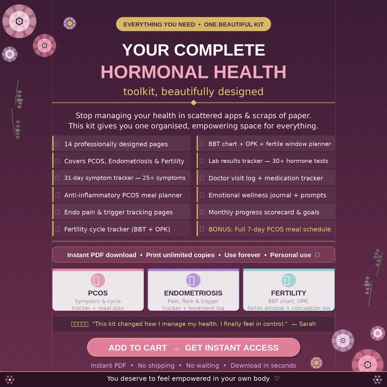 Puede incluir: Un kit de herramientas digital para la salud hormonal, bellamente dise&ntilde;ado. La imagen presenta un dise&ntilde;o rosa y morado con texto que detalla caracter&iacute;sticas como rastreadores de s&iacute;ntomas, planes de comidas y gr&aacute;ficos de fertilidad. Incluye el texto "Your Complete Hormonal Health".