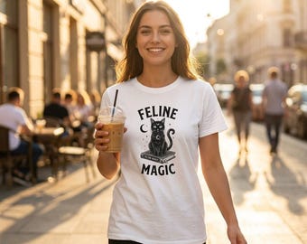 Feline Magic Halloween T-Shirt, Witchy Cat Graphic Tee, Spooky Fall Apparel