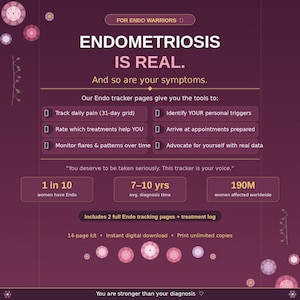 Puede incluir: Gr&aacute;fico digital granate con el texto "La endometriosis es real". La imagen incluye informaci&oacute;n sobre el seguimiento del dolor, la identificaci&oacute;n de desencadenantes y la defensa propia. El gr&aacute;fico tiene acentos rosas y blancos. El texto tambi&eacute;n dice "Eres m&aacute;s fuerte que tu diagn&oacute;stico."