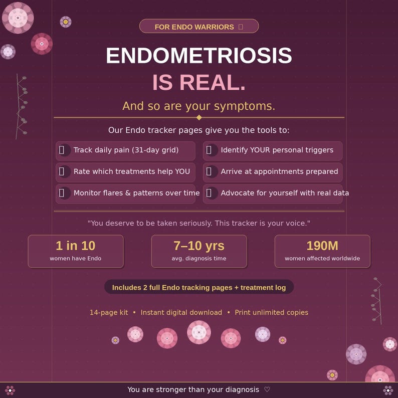 Puede incluir: Gr&aacute;fico digital granate con el texto "La endometriosis es real". La imagen incluye informaci&oacute;n sobre el seguimiento del dolor, la identificaci&oacute;n de desencadenantes y la defensa propia. El gr&aacute;fico tiene acentos rosas y blancos. El texto tambi&eacute;n dice "Eres m&aacute;s fuerte que tu diagn&oacute;stico."