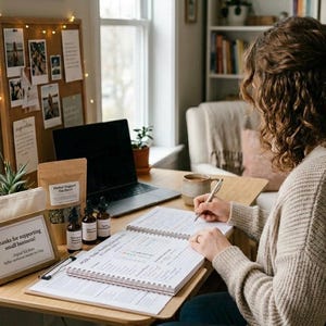Puede incluir: Una persona est&aacute; sentada en un escritorio de madera, escribiendo en un cuaderno. Se ve un ordenador port&aacute;til, un corcho con fotos y un letrero que dice "Gracias por apoyar a las peque&ntilde;as empresas".