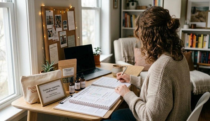 Puede incluir: Una persona est&aacute; sentada en un escritorio de madera, escribiendo en un cuaderno. Se ve un ordenador port&aacute;til, un corcho con fotos y un letrero que dice "Gracias por apoyar a las peque&ntilde;as empresas".