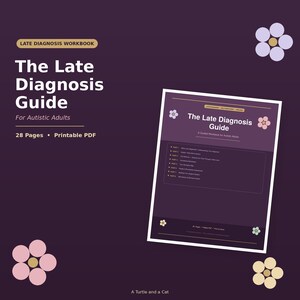 May include: A 28-page printable PDF workbook titled The Late Diagnosis Guide for Autistic Adults. The cover features a dark purple background with light-colored flower illustrations and white text detailing the guide's contents and structure.