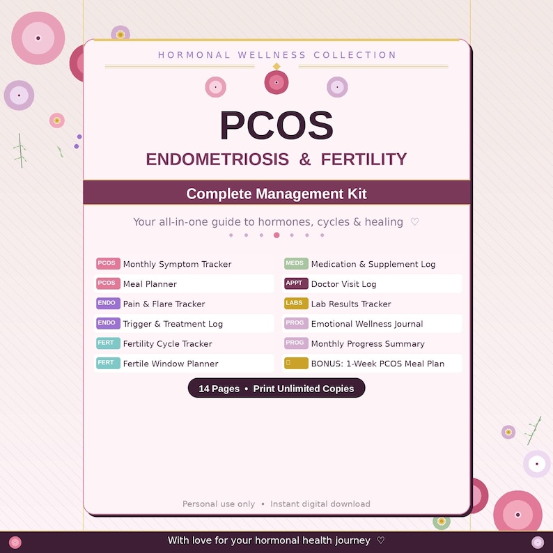 Puede incluir: Una descarga digital titulada "Kit de gesti&oacute;n completo de PCOS Endometriosis y Fertilidad". El dise&ntilde;o rosa y blanco incluye una lista de rastreadores y planificadores para la gesti&oacute;n de hormonas, ciclos y curaci&oacute;n. El texto incluye "14 p&aacute;ginas &bull; Imprime copias ilimitadas."