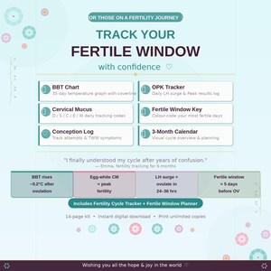 Puede incluir: Una gu&iacute;a de seguimiento de la fertilidad con el texto "TRACK YOUR FERTILE WINDOW". La gu&iacute;a incluye secciones para el gr&aacute;fico de TCB, el rastreador de OPK, el moco cervical, la clave de la ventana f&eacute;rtil, el registro de concepci&oacute;n y un calendario de 3 meses. La gu&iacute;a es un kit de 14 p&aacute;ginas.
