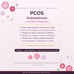 Puede incluir: Una descarga digital con un fondo morado claro y dise&ntilde;os circulares rosas. El texto dice "PCOS, Endometriosis o Problemas de Fertilidad". Las vi&ntilde;etas enumeran beneficios como la comprensi&oacute;n de las hormonas y el seguimiento de los s&iacute;ntomas. Incluye una cita y menciona 14 p&aacute;ginas.