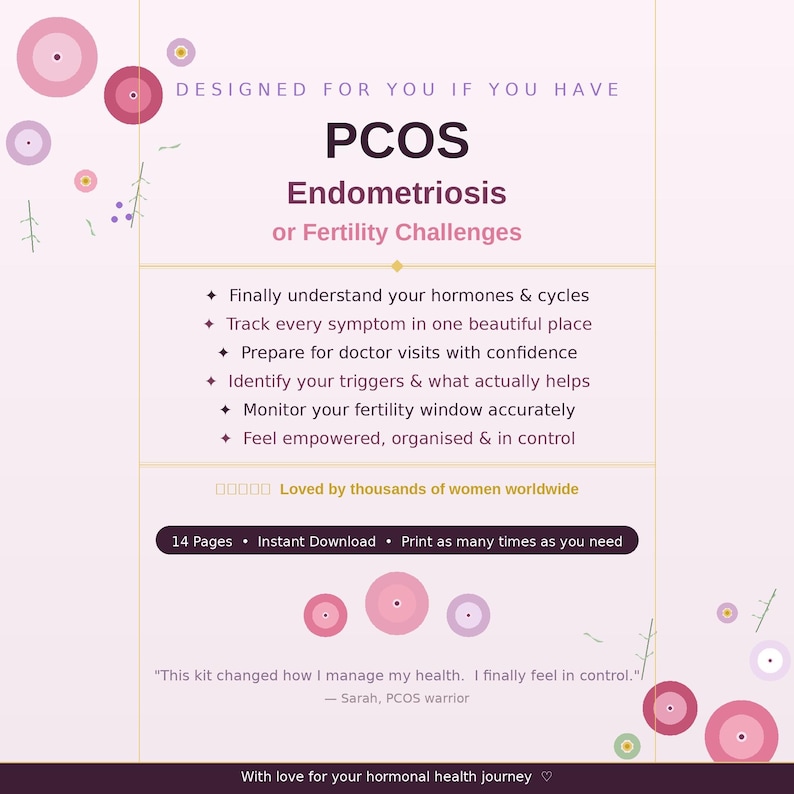 Puede incluir: Una descarga digital con un fondo morado claro y dise&ntilde;os circulares rosas. El texto dice "PCOS, Endometriosis o Problemas de Fertilidad". Las vi&ntilde;etas enumeran beneficios como la comprensi&oacute;n de las hormonas y el seguimiento de los s&iacute;ntomas. Incluye una cita y menciona 14 p&aacute;ginas.