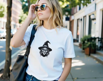 Spooky Witch Ghost T-Shirt, Soft Cotton Fall Top, Unisex Halloween Tee
