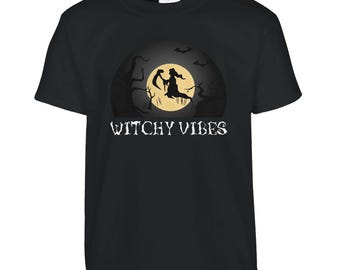 Kids Witchy Vibes T-Shirt, Cute Halloween Shirt for Toddler, Spooky Season Gift, Comfortable Graphic Tee for Kids, Boys and Girls Autumn Top