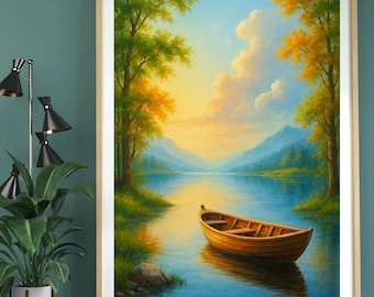 Schilderij boot zonsopgang op meer: vredige natuur landschapskunst (digitale download)