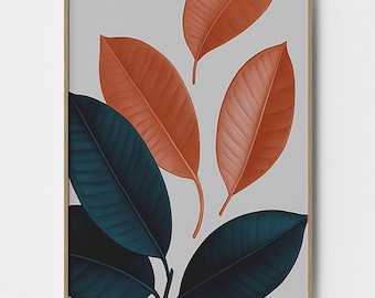 Terracotta & Teal Leaf Print - Modern Boho Wall Art (Digital Download)