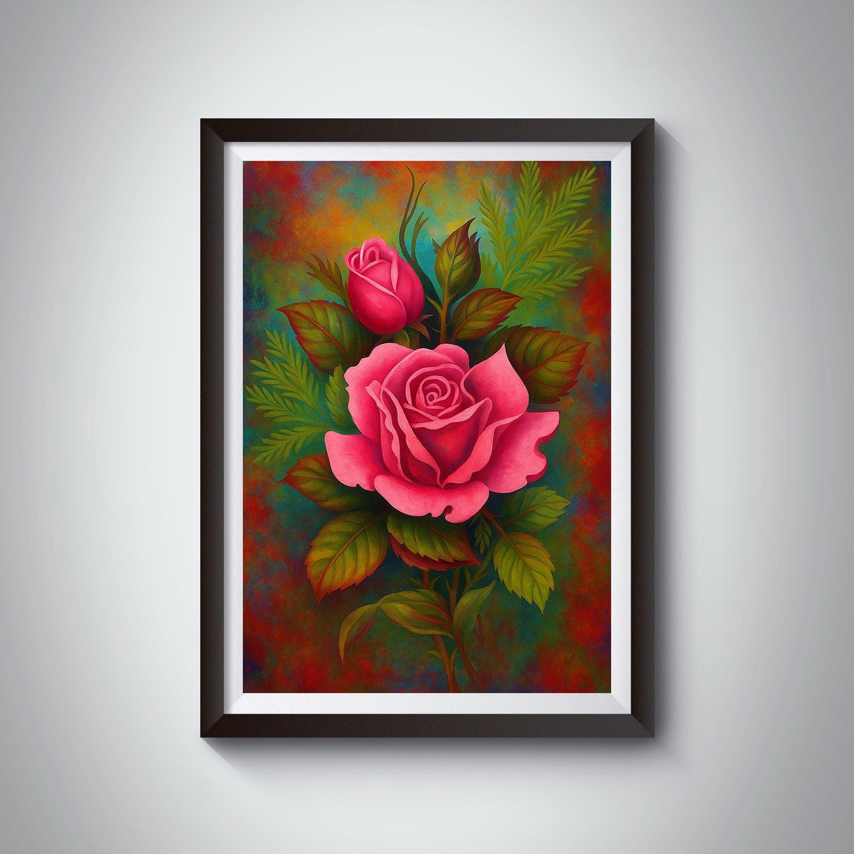 ピンクのバラの花の絵画 - ロマンチックなボタニカルウォールアート