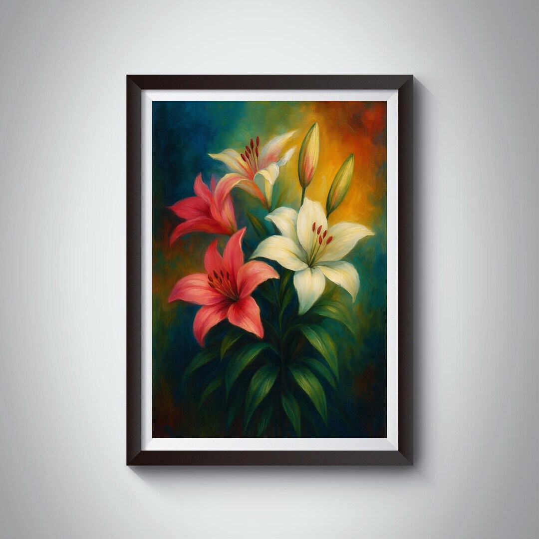 ユリの花束アートプリント：ピンクと白の花の絵画（デジタル