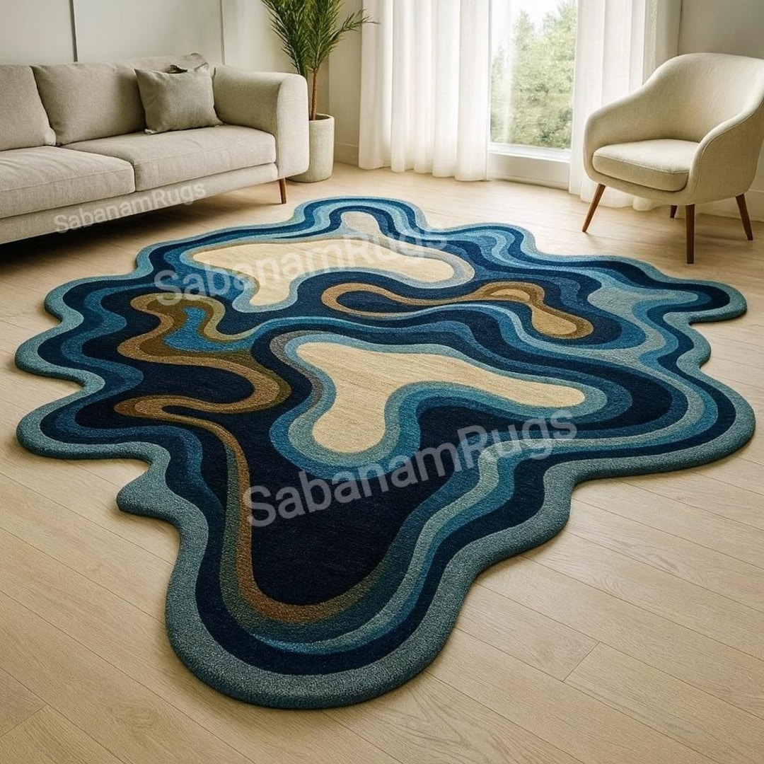 Abstract Wave Rug | Modern Freeform Area Carpet | Blue Topography Rug ...