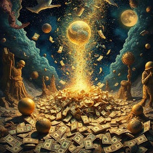 Puede incluir: Una ilustración digital surrealista que presenta una esfera dorada central brillante que emite luz y partículas sobre un montón de billetes de dólar estadounidenses dispersos. Dos figuras se alzan en un paisaje rocoso bajo un cielo estrellado.