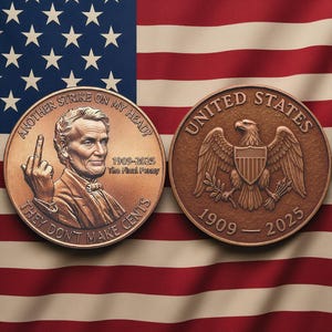 May include: Two bronze-colored coins with the American flag in the background. One coin features Abraham Lincoln with the text "ANOTHER STRIKE ON MY HEAD? THEY DON'T MAKE CENTS" and "1909-2025 The Final Penny." The other coin shows an eagle with the text "UNITED STATES" and "1909-2025."
