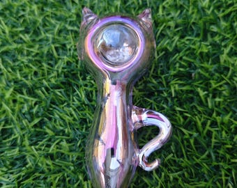 4.5'' Pink Cat Hand-Blown Glass Art Piece, Cute Girly Transparent Spoon-Style Decorative Glass Pipe Collectible, Unique Gift for Her