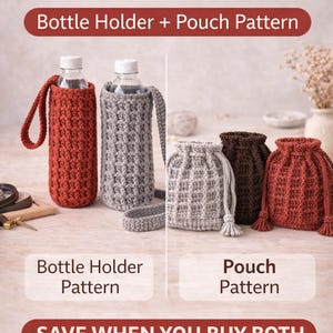 Puede incluir: Imagen de un paquete de patrones de crochet con portabotellas y bolsas. La imagen muestra dos portabotellas en rojo y gris, y tres bolsas en gris, marrón y rojo. El texto en la imagen dice "Crochet Pattern Bundle" y "Bottle Holder + Pouch Pattern."