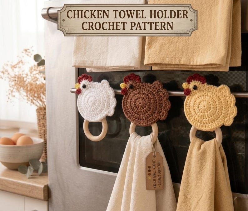 May include: Three crochet chicken towel holders in white, brown, and yellow, each featuring a wooden ring and a red comb. The text CHICKEN TOWEL HOLDER CROCHET PATTERN is displayed at the top. The holders are hanging on an oven handle with towels.