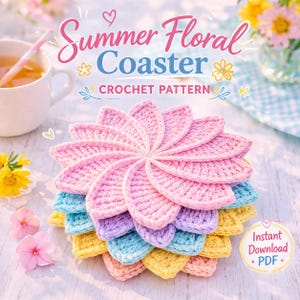 May include: A stack of colorful, crocheted coasters in the shape of a flower. The coasters are in shades of pink, blue, yellow, and purple. The text "Summer Floral Coaster Crochet Pattern" is at the top of the image.