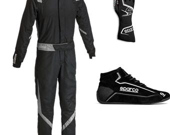 Professional Black Racing Suit with Matching Gloves & Shoes - Sleek Go-Karting Overall Set - Custom Motorsports Jumpsuit