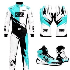 May include: A racing suit, a pair of gloves, and a pair of high-top racing shoes in a white, black, and cyan colour scheme. The suit features the OMP logo on the chest, sleeves, and collar, with the text BELL on the chest. The gloves and shoes also display the OMP logo.