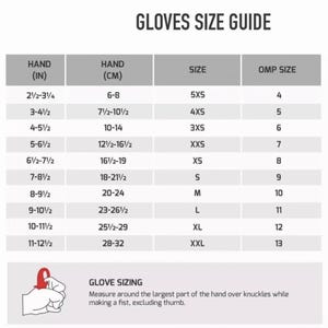 May include: A white glove size guide with measurements in inches and centimeters. The guide includes sizes from 5XS to XXL, with corresponding hand measurements and OMP sizes. The text "GLOVES SIZE GUIDE" is at the top.