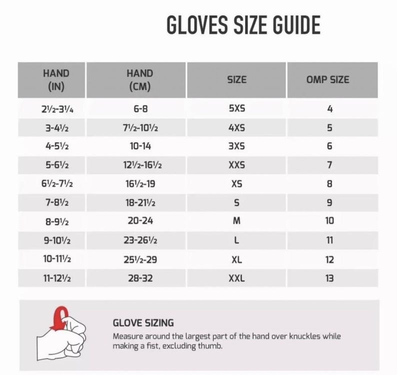 May include: A white glove size guide with measurements in inches and centimeters. The guide includes sizes from 5XS to XXL, with corresponding hand measurements and OMP sizes. The text "GLOVES SIZE GUIDE" is at the top.