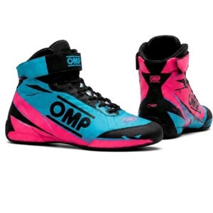 May include: A pair of high-top racing shoes featuring a black, bright blue, and hot pink color scheme. The shoes have black laces, a hook-and-loop ankle strap with the OMP logo, and the OMP brand name printed in black on the side of the shoe.