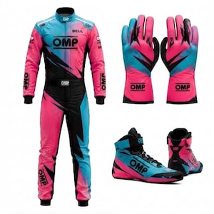 May include: A racing suit, a pair of gloves, and a pair of high-top racing shoes. The gear features a vibrant gradient pattern of bright pink, cyan blue, and black. The OMP logo is printed in black on the chest, belt, gloves, and shoes.