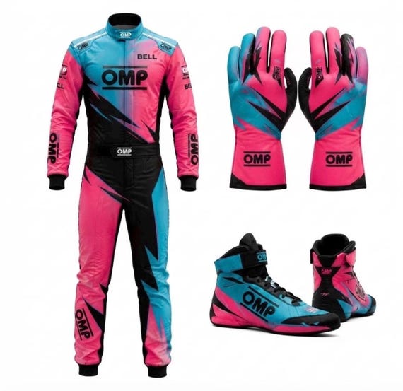 Pink Blue Racing Suit Gloves Boots Set | Go Kart Karting Race Suit | Motorsport Sublimated Suit | Custom Kart Racing Gear Men Women