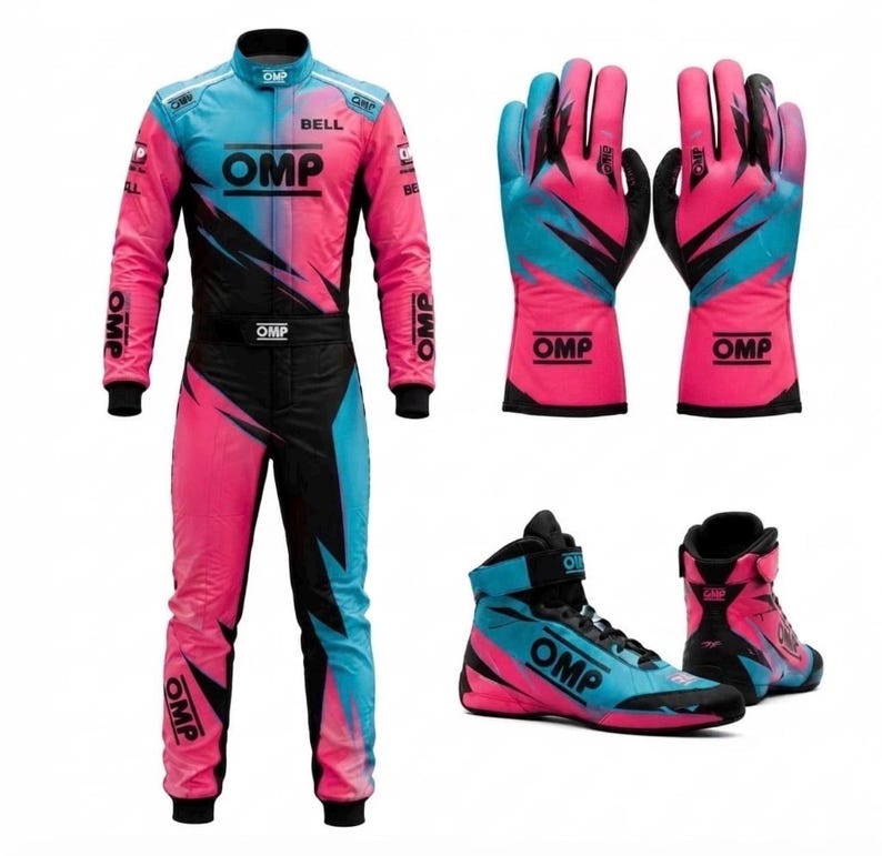 May include: A racing suit, a pair of gloves, and a pair of high-top racing shoes. The gear features a vibrant gradient pattern of bright pink, cyan blue, and black. The OMP logo is printed in black on the chest, belt, gloves, and shoes.
