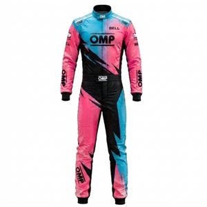 May include: A racing suit featuring a gradient color scheme that transitions from light blue at the shoulders to pink and black throughout the torso and legs. The garment displays the OMP logo in black on the chest and legs, with the Bell logo on the chest.