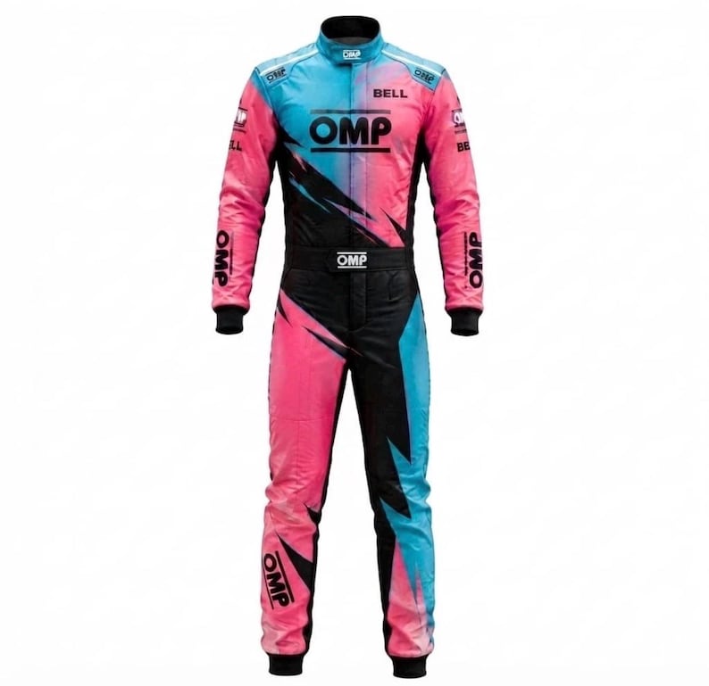 May include: A racing suit featuring a gradient color scheme that transitions from light blue at the shoulders to pink and black throughout the torso and legs. The garment displays the OMP logo in black on the chest and legs, with the Bell logo on the chest.