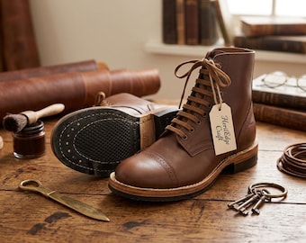 Botas de servicio - Botas de combate de cuero marrón con puntera reforzada - Botas de trabajo artesanales de estilo clásico - Calzado inspirado en el ejército estadounidense