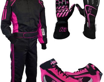 Custom Pink Motorsports Racing Suit Set Karting Gear with Matching Gloves and Shoes Gift for Female Racers CIK/FIA Level 2 Approved