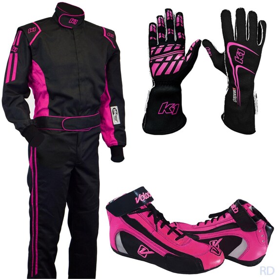 Custom Pink Motorsports Racing Suit Set Karting Gear with Matching Gloves and Shoes Gift for Female Racers CIK/FIA Level 2 Approved