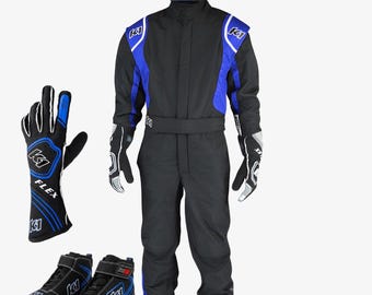 Conjunto de Macacão de Karting K1 Race Gear | Macacão de corrida azul e preto com luvas Flex Nomex e sapatos de couro GTX-1.