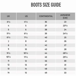 May include: A size guide for boots, with the text "BOOTS SIZE GUIDE" at the top. The guide includes UK, US, Continental, and Japanese (CM) sizes. The US sizes range from 4 1/2 to 15.